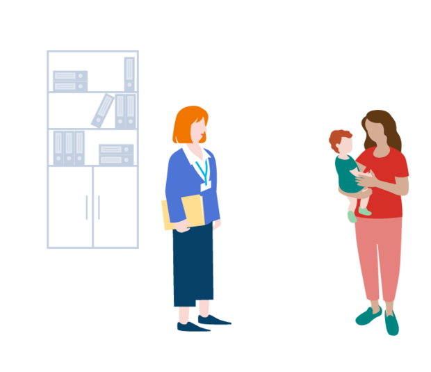 Die Zeichnung einer Jugendamtsmitarbeiterin im Gespräch mit einer Mutter, die ein Kleinkind auf dem Arm trägt.